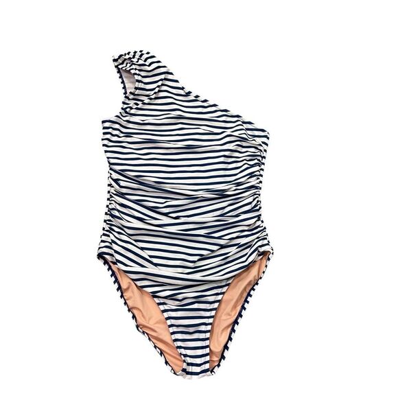 J. Crew One Piece Swimsuit Womens Sz 8 Blue White Striped One Shoulder Ruched - Picture 2 of 16
